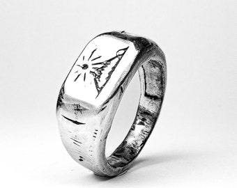 Mountain Peaks | Heavy Signet Ring | Hand Made 925 Recycled Silver Ring | Chunky Solid Sterling Silver | Unisex Handmade Ring