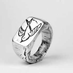 Silver Swallow Bird Signet Engraved Ring, Tattoo Inspired, Hand Carved Ring, Mens unisex handmade 925 recycled sterling silver