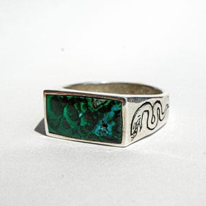Anillo de sello de malaquita: diseño de serpiente, plata de ley oxidada
