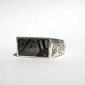 Black Noir Jasper Signet Unisex Ring | 925 Silver Ring | Semi-Precious Gem Stone | Lucky Grounding Ring | Hand Carved Snake  Design Oxidized