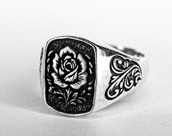 Heavy Silver Rose Signet Ring | Solid Sterling Silver Ring | Handmade Jewelry | Tattoo Carved Ring | Vintage cast | Lost Amigo 925