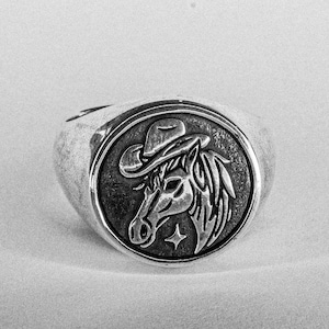 Lucky Horse Heavy Cowboy Ring | Solid Sterling Silver Ring | Handmade Cowboy Jewelry | Tattoo Carved Ring | Vintage Design | Western Jewelry