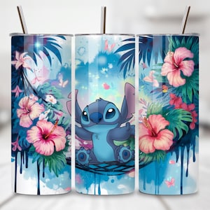 stitch tumbler sublimation png, 20 oz floral stitch wrap png, watercolor stitch wrap design, instant download stitch png, skinny tumbler floral wrap, stitch character png tumbler file, sublimation for 20oz skinny tumbler, stitch inspired floral png, pastel stitch png design, tumbler printable stitch wrap, sublimation cute alien design, stitch wrap png for tumblers, kawaii tumbler png design