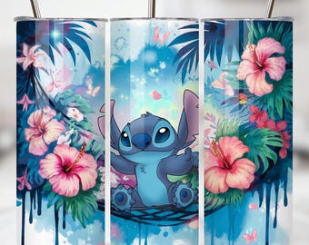 Stitch Floral Tumbler Wrap PNG: Watercolor Design (Digital Download)