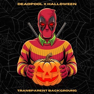 Può includere: Deadpool, un supereroe, vestito con un maglione rosso e giallo, tiene una zucca intagliata con un viso di zucca illuminato. Lo sfondo è un motivo a ragnatela nera. "DEADPOOL X HALLOWEEN" e "TRANSPARENT BACKGROUNG" sono scritti in testo bianco.