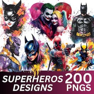 Pode incluir: Uma ilustração digital de vários super-heróis, incluindo Batman, Joker, Harley Quinn, Deadpool, Wolverine e Thanos. A imagem está em um estilo aquarela com respingos de cor.