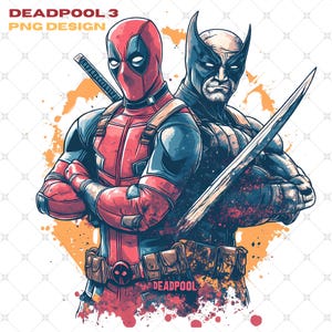 Può includere: Un'illustrazione digitale di Deadpool e Wolverine che stanno schiena a schiena. Deadpool indossa il suo costume rosso e nero caratteristico con una cintura che dice "DEADPOOL". Wolverine indossa un costume blu e nero con un artiglio d'argento. Lo sfondo è un motivo di schizzi giallo e arancione.