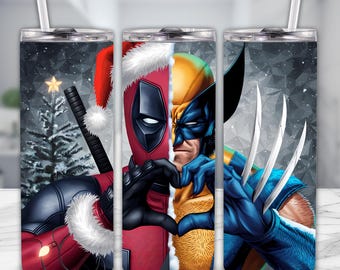 Envoltorio para vaso navideño de Deadpool de 20 oz: Sublimación de dibujos animados retro (descarga digital PNG)