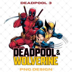 Può includere: Un'illustrazione digitale di Deadpool e Wolverine, entrambi nelle loro pose caratteristiche. Deadpool è in rosso e nero, con una katana in mano. Wolverine è in giallo e blu, con i suoi artigli estesi. Il testo "DEADPOOL & WOLVERINE" è in giallo e nero, con le parole "PNG DESIGN" sotto.