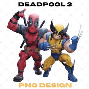 Può includere: Un design digitale con Deadpool e Wolverine in pose dinamiche. Deadpool, in un costume rosso e nero, alza il braccio, mentre Wolverine, in giallo e blu, mostra gli artigli. Il testo "DEADPOOL 3" e "PNG DESIGN" è visualizzato.