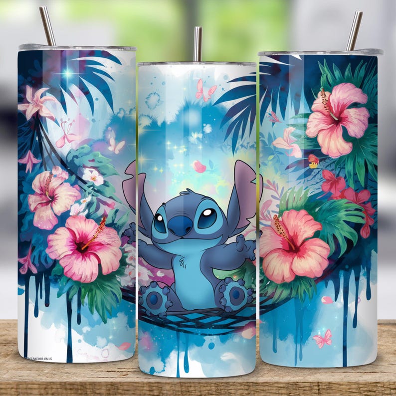 watercolor stitch png file, floral character tumbler design, cute stitch png wrap, tumbler png sublimation floral, 20oz stitch printable png, digital png stitch wrap file, disney style sublimation png, pastel watercolor stitch design, floral tumbler sublimation download, kawaii character 20oz tumbler, instant digital floral stitch png, floral cartoon png file, sublimation print design stitch
