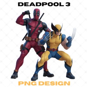 Può includere: Deadpool e Wolverine, due popolari personaggi dei fumetti Marvel, sono raffigurati in una posa dinamica. Deadpool indossa il suo costume rosso e nero distintivo, mentre Wolverine è nel suo iconico costume giallo e blu. L'immagine è un'illustrazione digitale con sfondo bianco.