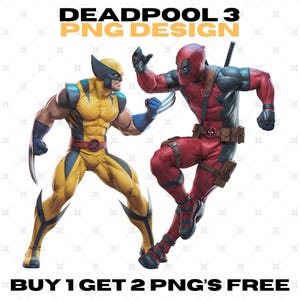 Può includere: Un'illustrazione digitale di Deadpool e Wolverine che si fronteggiano. Deadpool indossa il suo costume rosso e nero caratteristico, mentre Wolverine indossa il suo costume giallo e blu. Lo sfondo è un motivo a scacchiera trasparente. Il testo "DEADPOOL 3 PNG DESIGN" è in alto nell'immagine, e il testo "BUY 1 GET 2 PNG'S FREE" è in basso.
