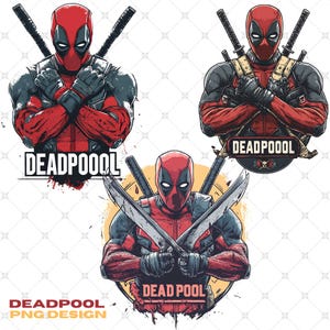 Può includere: Tre illustrazioni digitali di Deadpool, un supereroe immaginario, in diverse pose. La prima immagine mostra Deadpool con le braccia incrociate, che indossa un costume rosso e nero con una maschera nera. La seconda immagine mostra Deadpool con le braccia incrociate, che indossa un costume rosso e nero con una maschera nera e una tracolla in pelle marrone sul petto. La terza immagine mostra Deadpool che tiene due spade, che indossa un costume rosso e nero con una maschera nera. Tutte e tre le immagini hanno la parola "DEADPOOL" scritta in lettere bianche su sfondo rosso.
