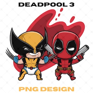 Può includere: Un'illustrazione di cartoni animati di Deadpool e Wolverine in un combattimento divertente. Deadpool indossa il suo costume rosso e nero caratteristico e tiene una pistola. Wolverine indossa un costume giallo e nero e tiene una pistola. Lo sfondo è un motivo di schizzi rossi. Il testo "DEADPOOL 3" è nella parte superiore dell'immagine. Il testo "PNG DESIGN" è nella parte inferiore dell'immagine.