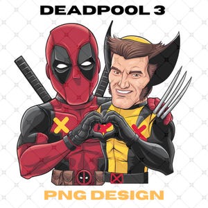 Può includere: Deadpool e Wolverine, entrambi con i loro costumi da supereroi, stanno formando un cuore con le mani. Deadpool indossa il suo costume rosso e nero caratteristico con una maschera, mentre Wolverine indossa il suo costume giallo e blu con i suoi artigli visibili. L'immagine è intitolata "DEADPOOL 3 PNG DESIGN".