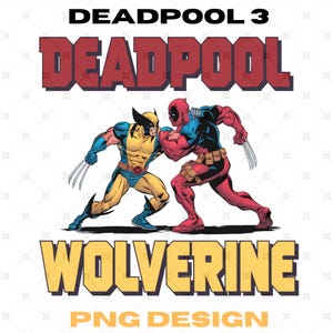 Può includere: Grafica di design di Deadpool 3 con Deadpool e Wolverine che combattono. Deadpool è rosso e nero, Wolverine è giallo e blu. Il testo "DEADPOOL" è in rosso e "WOLVERINE" è in giallo.