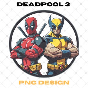 Può includere: Un design circolare con Deadpool e Wolverine, entrambi con le braccia incrociate. Deadpool indossa il suo costume rosso e nero caratteristico, mentre Wolverine indossa un costume giallo e blu. Lo sfondo è bianco con un cerchio nero attorno ai personaggi.