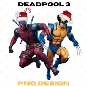Può includere: Deadpool e Wolverine con cappelli da Babbo Natale, Deadpool è in rosso e nero, Wolverine è in giallo e blu, il testo "DEADPOOL 3" è in alto nell'immagine, e il testo "PNG DESIGN" è in basso nell'immagine.