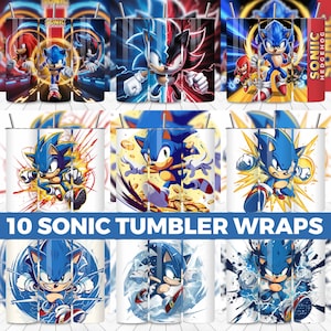 May include: Ten tumbler wraps displaying Sonic the Hedgehog in dynamic poses. The designs use blue, red, and yellow prominently. The text "10 SONIC TUMBLER WRAPS" is displayed across the bottom of the image.