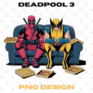 Può includere: Deadpool e Wolverine sono seduti su un divano a giocare ai videogiochi. Entrambi indossano i loro costumi caratteristici e tengono in mano i controller. Ci sono scatole di pizza sul pavimento e il testo "DEADPOOL 3" è in cima all'immagine.
