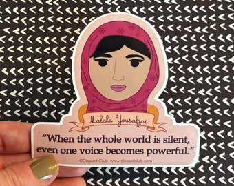 Malala Yousafzai Portrait "One Voice Becomes Powerful" Empowering Women, Inspirational Quote Sticker