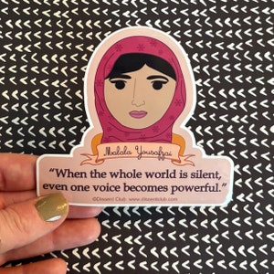 Malala Yousafzai Portrait "One Voice Becomes Powerful" Empowering Women, Inspirational Quote Sticker