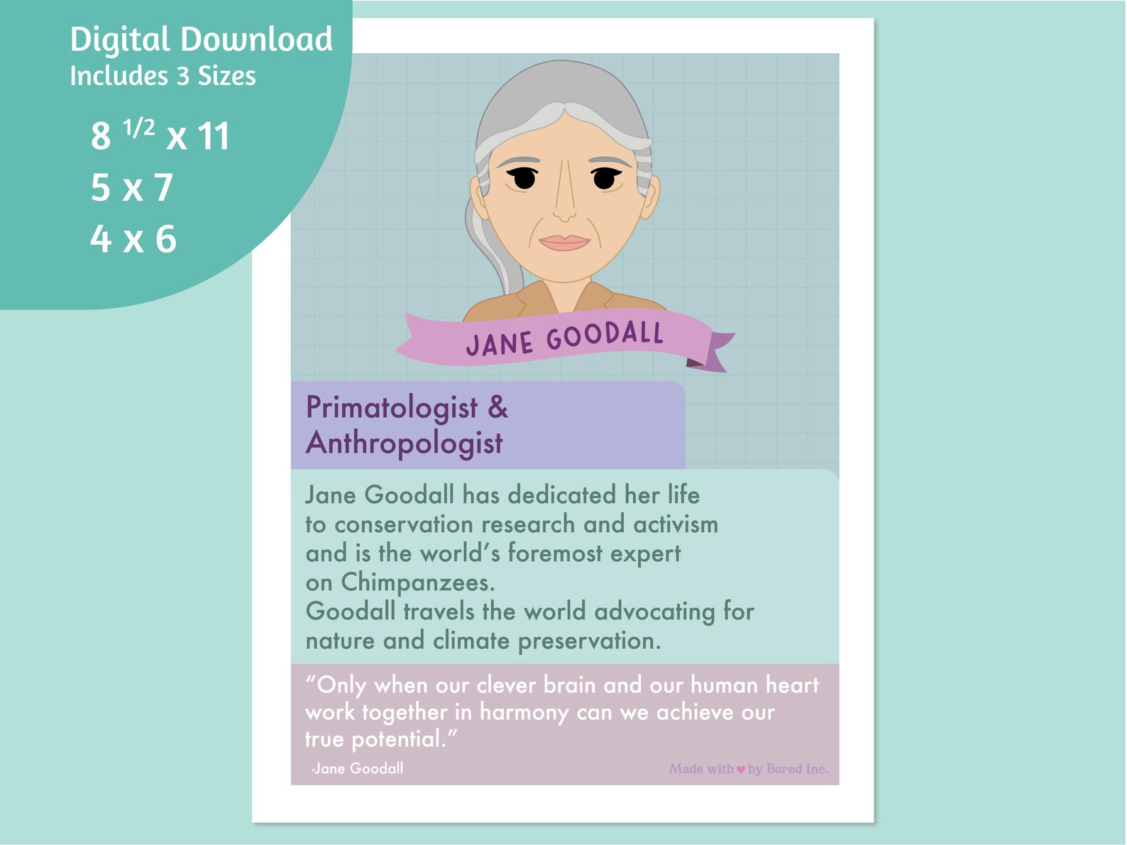 Download Jane Goodall Biography Facts Portrait for School - Etsy