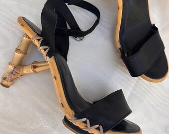 Jan Jansen Bambus Absatz Sandalen, Vintage 90er Jahre Avantgarde Skulpturale Schuhe (EU 39)
