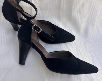 Italian Black Suede T-Strap Heels, Vintage Mary Janes, Petite Size 4.5 US, Vibram Sole