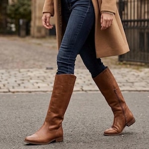 Pu&ograve; includere: Una donna indossa un cappotto color cammello, un maglione color crema e jeans blu scuro. Indossa anche stivali alti al ginocchio in pelle marrone. Lo sfondo include un edificio e un cancello in ferro battuto.