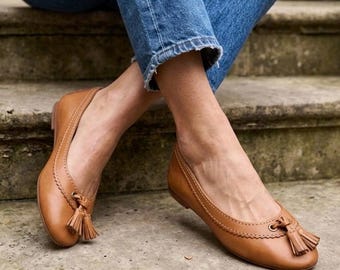 Ara Camel Tan Leather Ballet Flats | Tassel Loafers, Air Cushion Sole EU 35