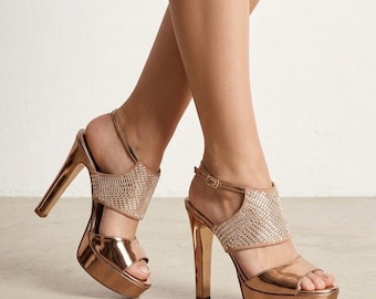 Elata Italian Rose Gold Crystal Stiletto Platform Sandals – Vero Cuoio Leather Sole