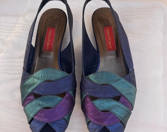 Sandali vintage Alberto Fabiani con cinturino posteriore in tessuto metallizzato, scarpe con tacco di alta moda italiana, taglia EU 37.5 / US 6.5