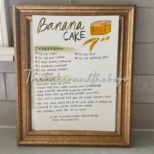 Bananenkuchen Hand illustriert Rezeptkarte (PDF-Download), Handgezeichnete Rezeptkarte, Bananenkuchen Rezeptkarte, Küchendekoration, Rezept Illustration