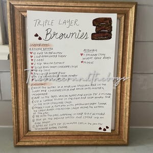 Cartão de receita de brownie de três camadas ilustrado à mão (download em PDF), Cartão de receita desenhado à mão, Receita de brownie, Decoração de cozinha, Ilustração de receita