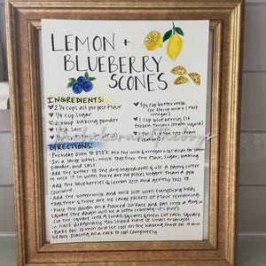 Scones de Limão e Mirtilo Cartão de Receita Ilustrado à Mão (Download em PDF), Receita desenhada à mão, Receita de Scone, Decoração de Cozinha, Ilustração de Receita
