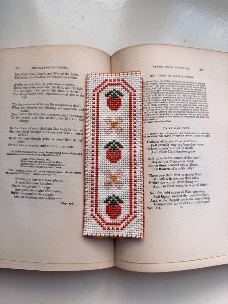 May include: A handmade cross-stitch bookmark featuring a repeating pattern of strawberries and flowers. The bookmark is rectangular with a red border and is placed on an open book with text.