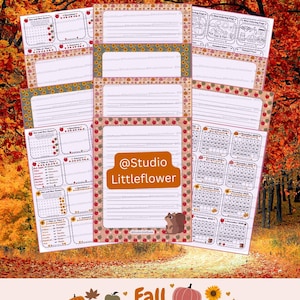 Può includere: Una collezione di fogli di carta da lettere stampabili con bordi a tema autunnale decorati con mele, girasoli e zucche. Le pagine includono carta a righe, calendari, giochi e attività da colorare. Il testo @Studio Littleflower è visibile.