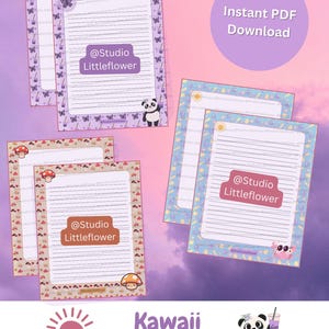 Könnte beinhalten: Eine Sammlung von Kawaii Pen Pal Pack Briefpapierbögen. Die Bögen zeigen verschiedene Designs, darunter Schmetterlinge, Pilze und Sonnen, mit dem Text "@Studio Littleflower". Das Bild enthält auch den Text "Instant PDF Download".
