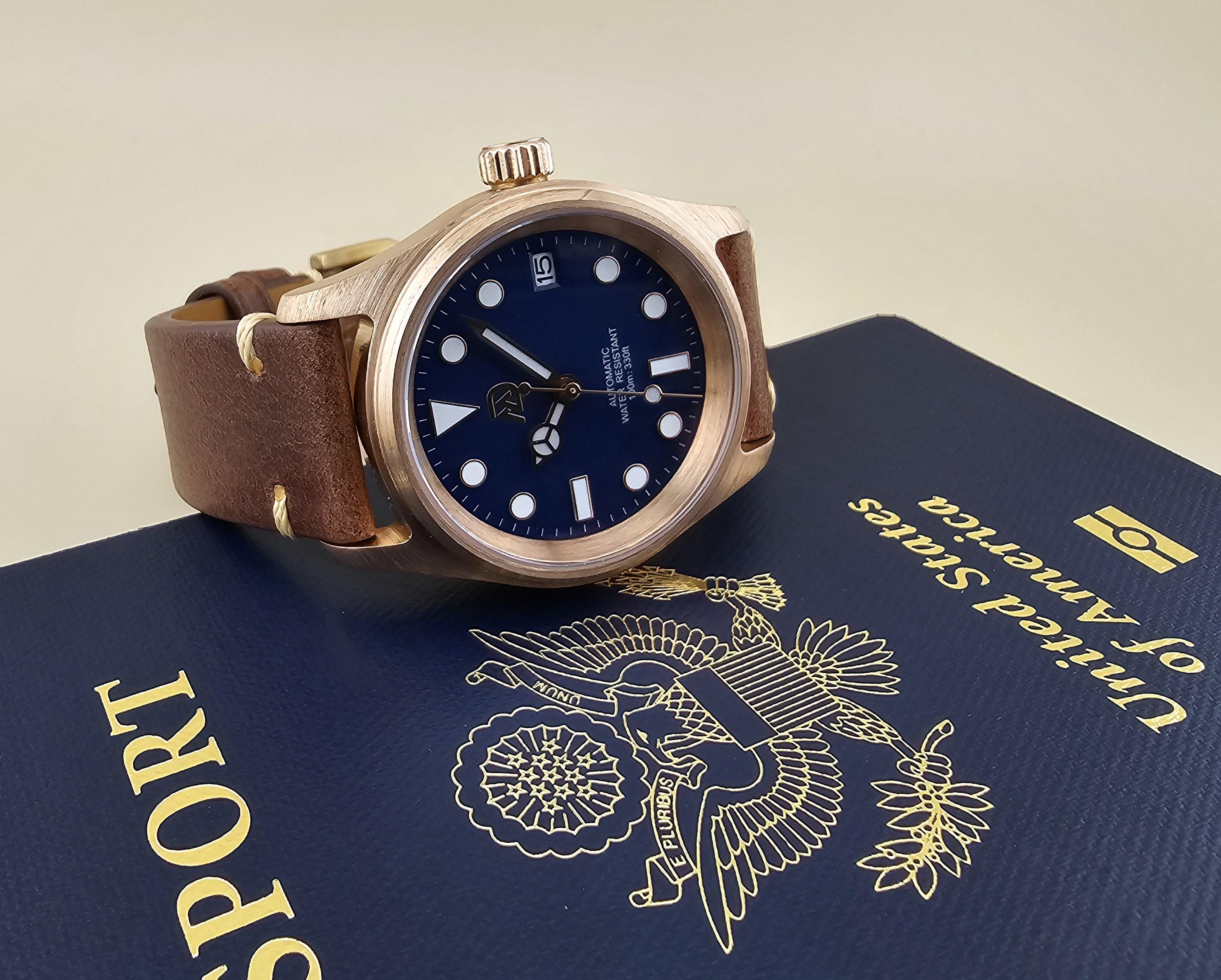 38mm Bronze (cusn8) Royal Blue Field Watch, Regulated SEIKO NH35