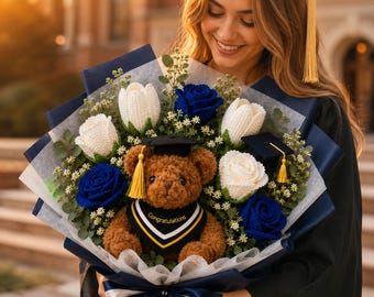 Graduation Gift Bouquet with Teddy Bear, Handmade Crochet Flowers, Blue White Senior Photo Bouquet, Class of 2026 Keepsake Gift