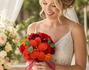 Crochet Bridal Bouquet, Handmade Wedding Bouquet,Red Orange Bridal Flowers,Crochet Flower Bouquet,Bridesmaid Bouquet,Wedding Keepsake Gift