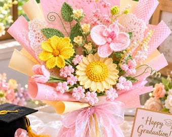 Graduation Crochet Flower Bouquet, Handmade Sunflower Bouquet, Pink Graduation Gift for Her,Forever Flowers,College Grad Gift,Congrats Grad