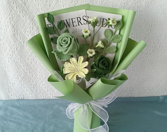 Handmade Crocheted Flower Bouquet: Green Roses & Daisies
