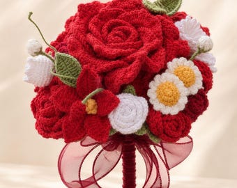Handmade Crochet Bridal Bouquet, Red Orange Wedding Flower Bouquet,Crochet Bridesmaid Bouquet, Forever Wedding Flowers,Bridal Keepsake Gift
