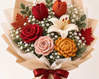 Autumn Crochet Flower Bouquet with Roses, Tulips and Maple Leaves