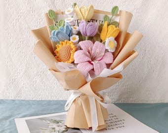 Crochet Flower Bouquet: Handmade Woolen Lily, Rose, Tulip