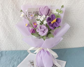 Purple Crochet Flower Bouquet: Handmade Wool Gift, Boho Decor