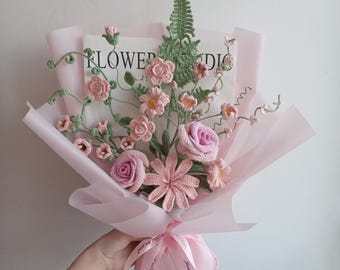 Pink Crochet Flower Bouquet | Handmade Wool Gift, Boho Home Decor